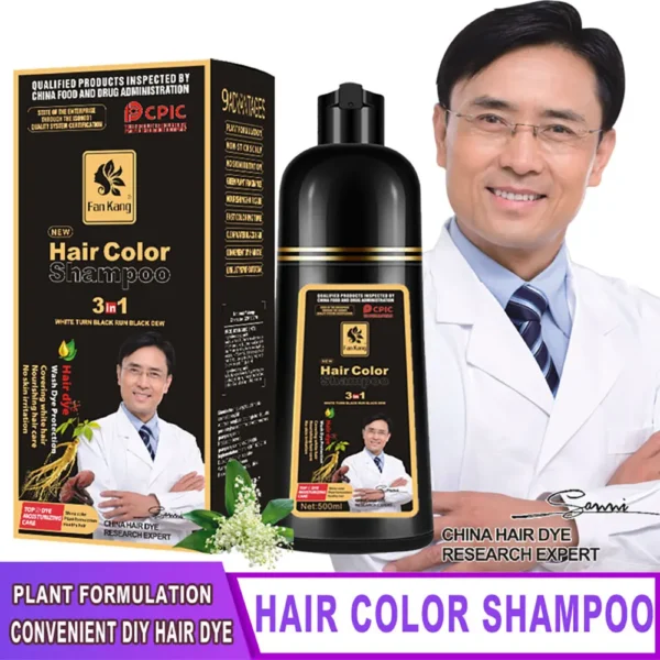 Shampooing à Coloration Instantanée 3 en 1 pour Homme et Femme, Teinture Cheveux Naturelle, Soin à Base de Plantes Brunes, 500ml